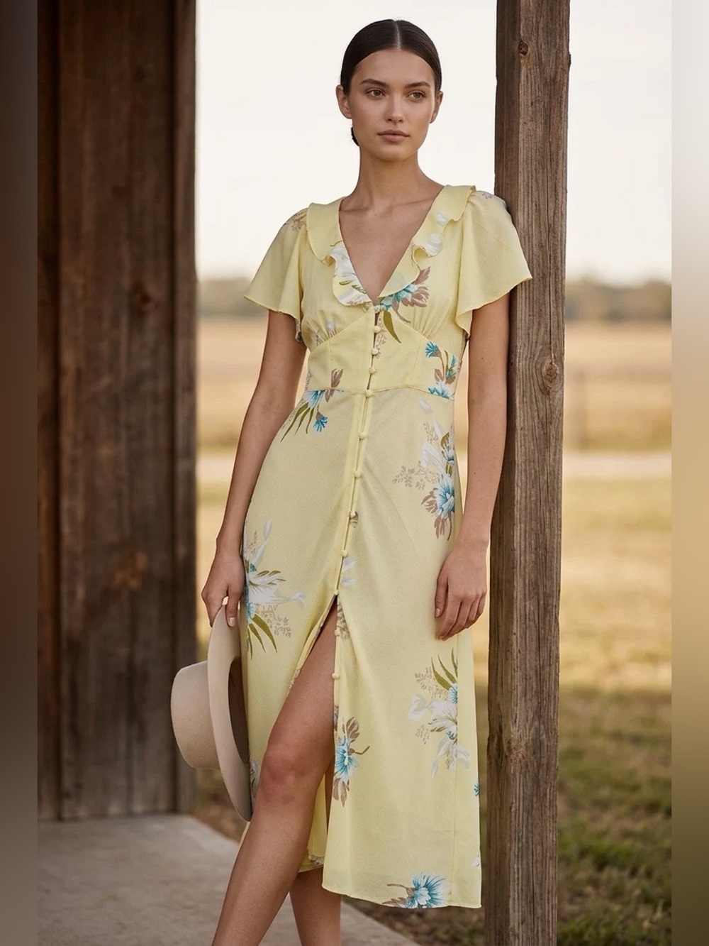 Urban Outfitters XS Yellow Floral Button Front Flutter Sleeve Midi Dress